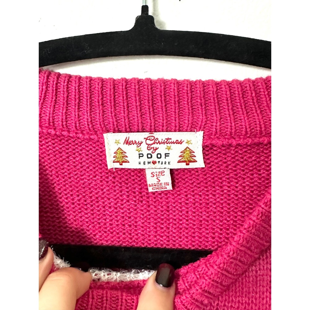 Merry Christmas by Poof hot pink bow sweater knit juniors small cropped s crew - Picture 2 of 6